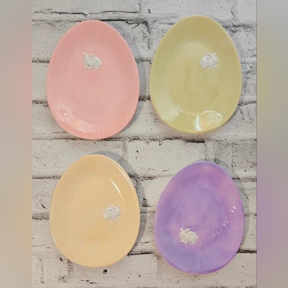 2005 Williams Sonoma Easter Egg Plates Set of 4 Bunny Pastel Ceramic - Picture 4 of 16